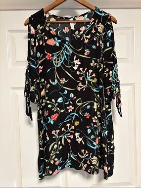 Floral Midi Dress - Black with Multicolor Print
